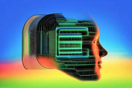 Stylized profile with glowing industrial circuitry, illustration accompanying the NZZ op-ed on Swiss AI founders.